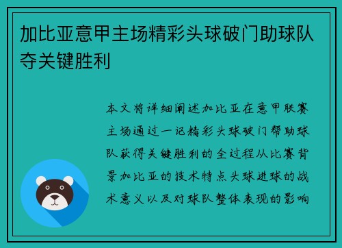 加比亚意甲主场精彩头球破门助球队夺关键胜利